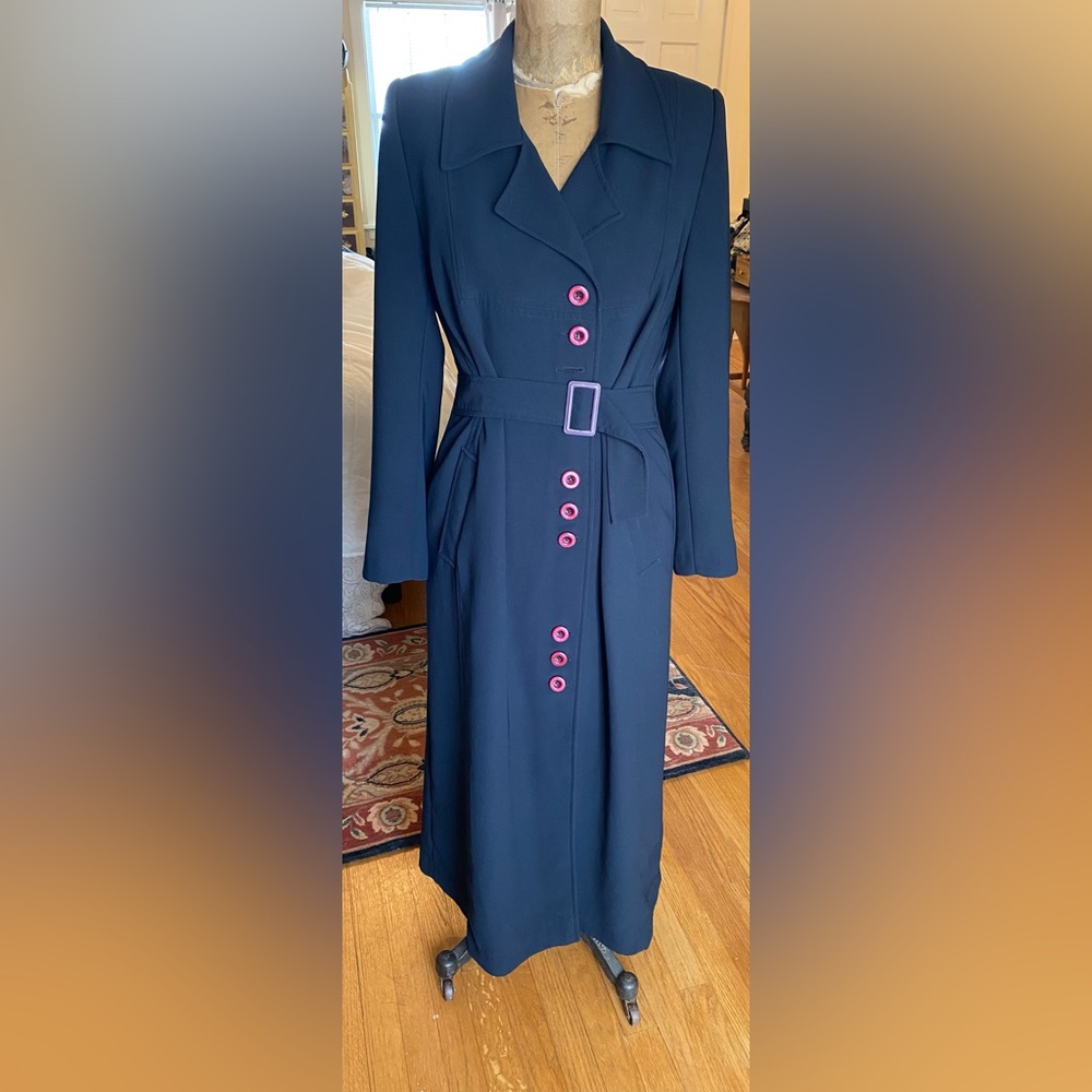 Vintage 80s 90s Long Navy Coat Dress Pink Buttons Belted Jacket ERENYURT Size40